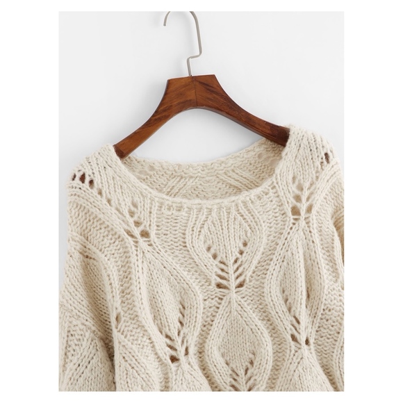Cream Beige Round Neck Hollow Soft Sweater - Picture 2 of 5
